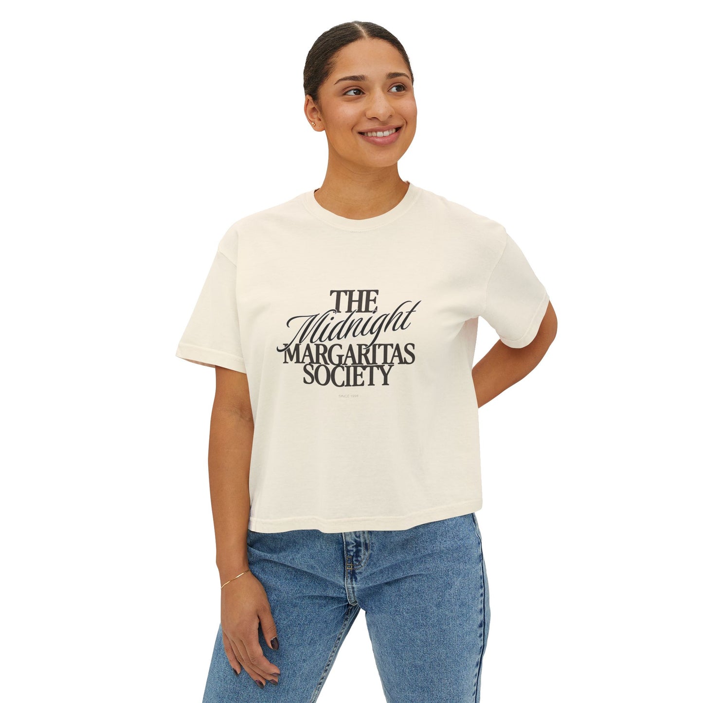 Midnight Margaritas Society Oversized Boxy Tee in Amas Veritas | Vintage Cocktail Club Cropped T-Shirt | Retro Graphic Tee