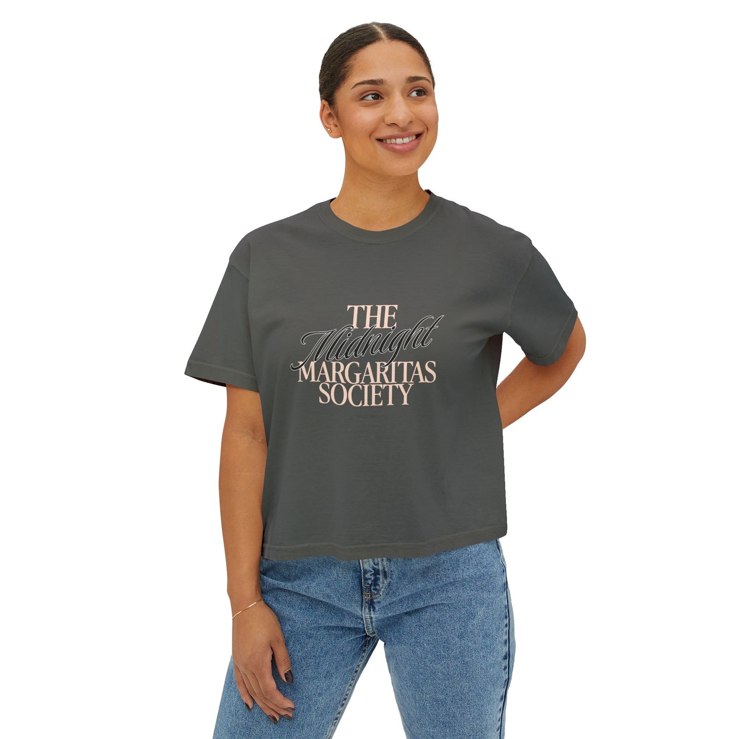 Midnight Margaritas Society Oversized Boxy Tee in Midnight Spell | Vintage Cocktail Club Cropped T-Shirt | Witchy Retro Graphic Tee
