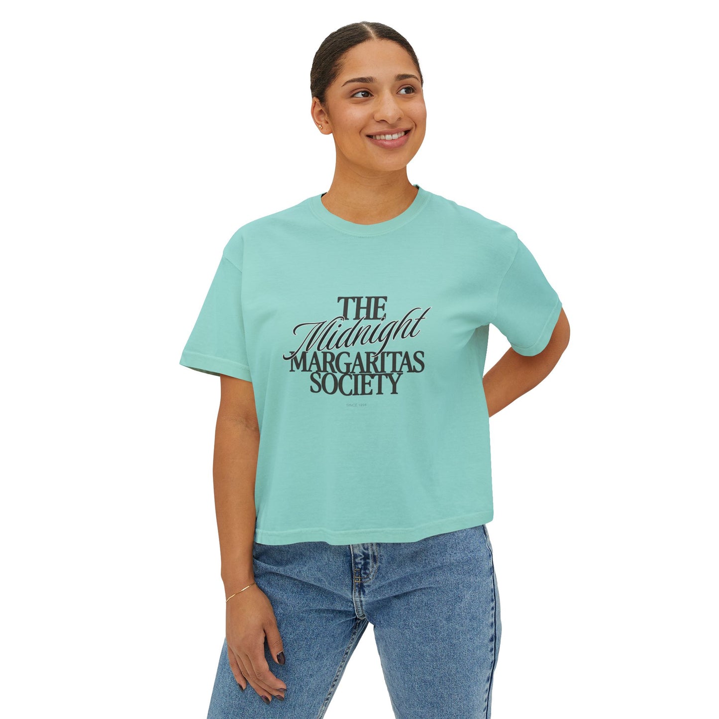 Midnight Margaritas Society Oversized Boxy Tee in Owens Garden | Vintage Cocktail Club Cropped T-Shirt | Witchy Retro Graphic Tee