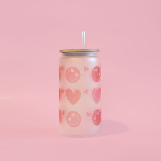 All Hearts and Smiley Faces Frosted Glass Can